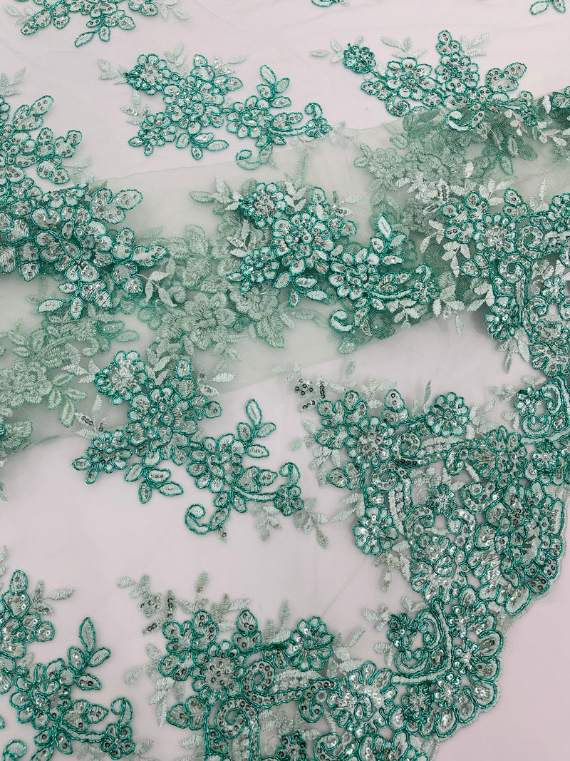 Mint Green Metallic corded embroider with sequins on a mesh lace fabric-prom-sold by the yard.