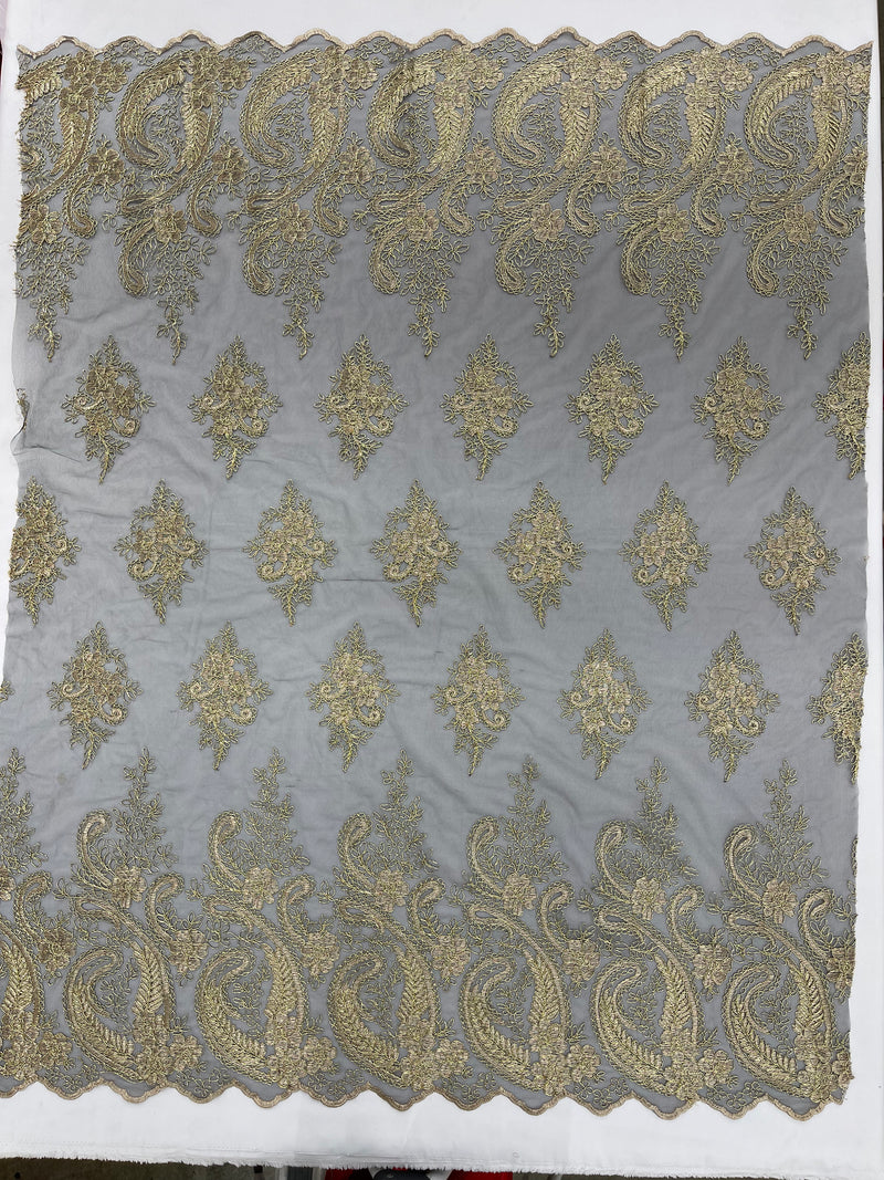 Metallic corded embroider flowers with Paisley design on a mesh lace fabric-prom