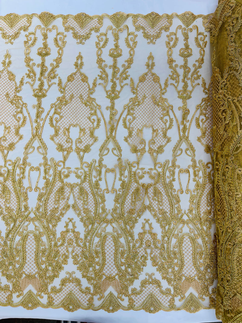 Metallic Gold corded embroider Damask on a mesh lace fabric-prom-sold by the yard.