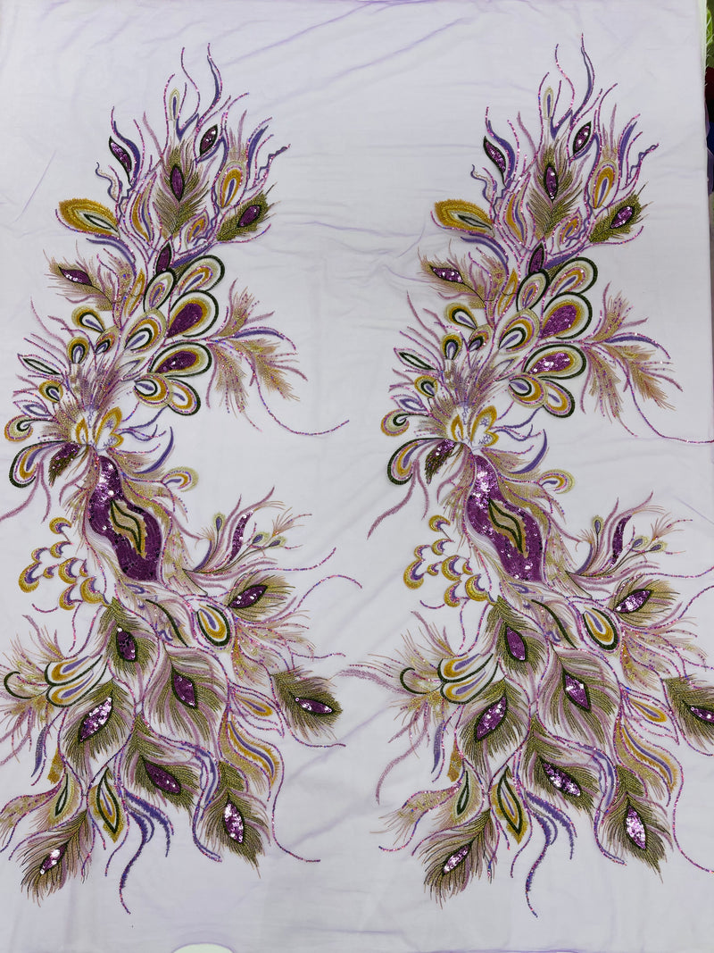 Peacock feathers multi color embroider with shiny sequins on a White mesh-nightgown-sold by 2 panels.