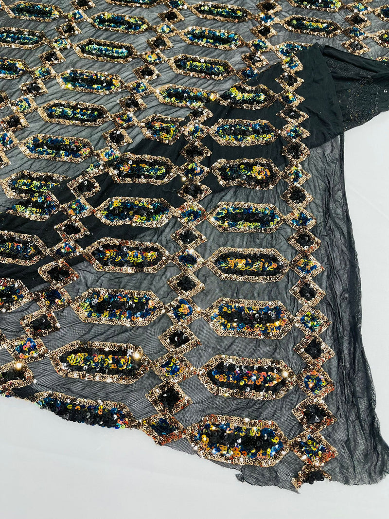 Black/Gold multi color iridescent Jewel sequin design on a Black 4 way stretch mesh fabric.