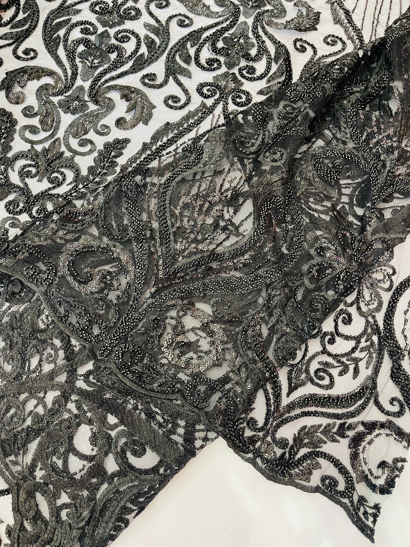 Black Floral damask embroider and heavy beaded on a mesh lace fabric/wedding/Costplay