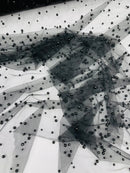 Heavy Scattered Pearls Studded Mesh, 2-Way Stretch, sold by the yard.