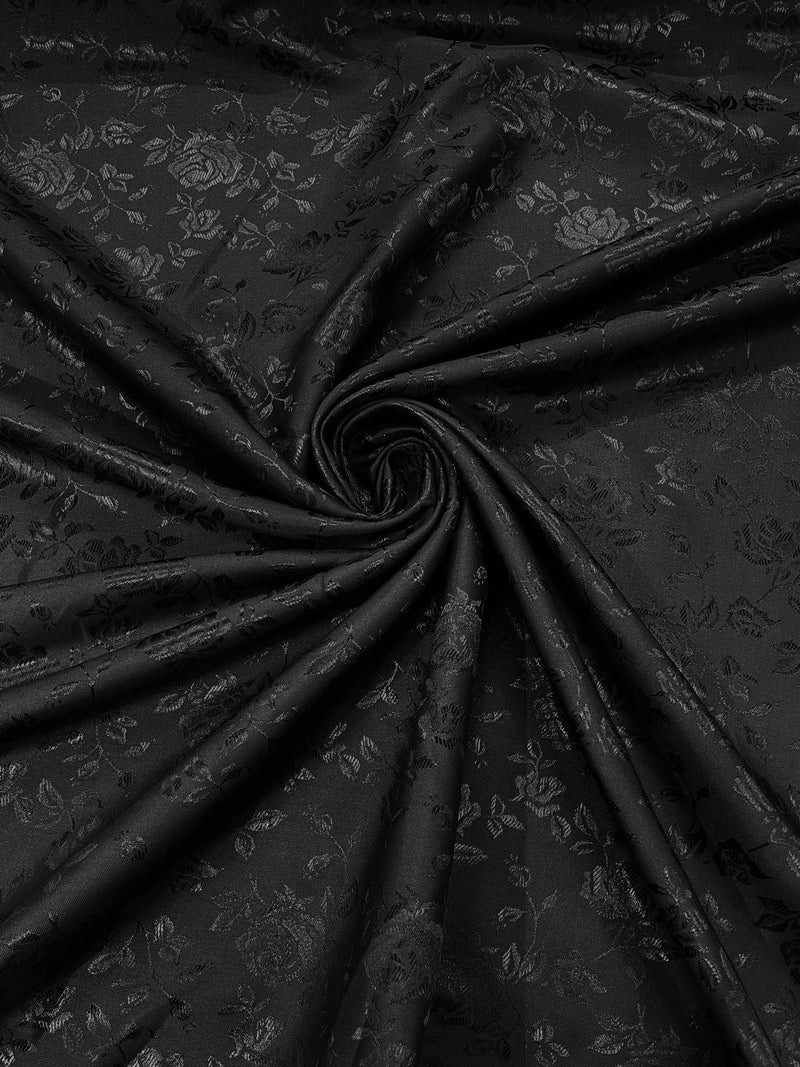 Black - 60" Wide Polyester /Flowers Brocade Jacquard Satin Fabric/ SoldByTheYard.