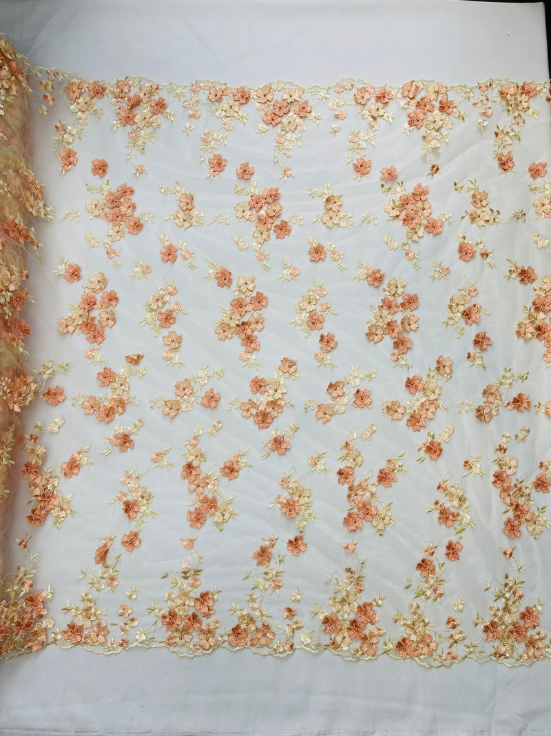 Multi color 3d floral Daisy design embroider with pearls in a mesh lace fabric -sold by the yard.