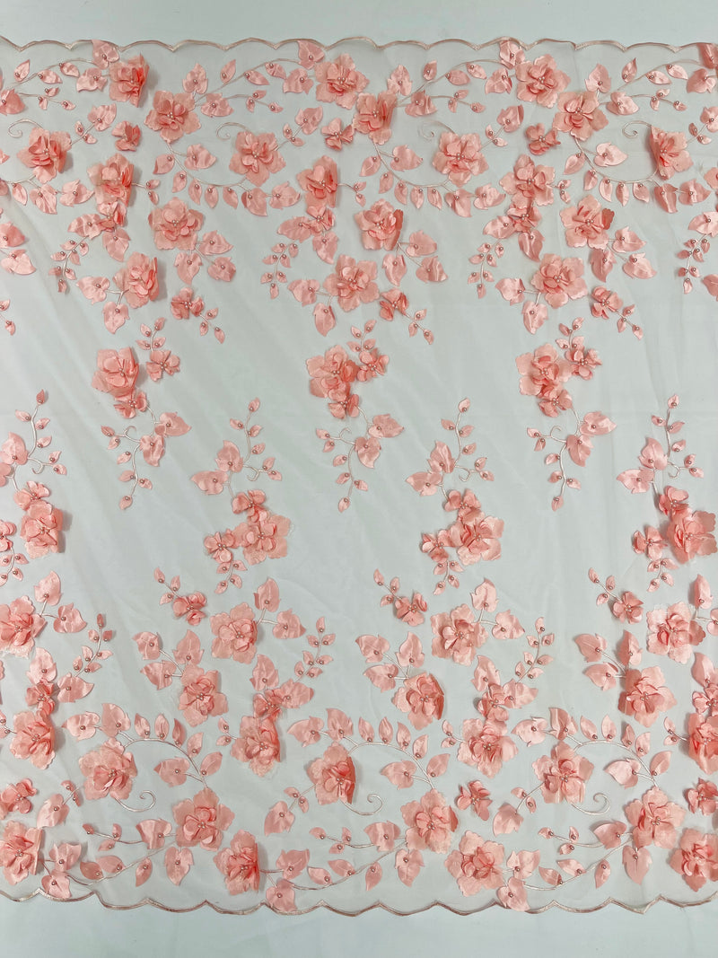 Double Scalp Orquidia 3d floral design embroider with pearl in a mesh lace fabric-sold by the yard