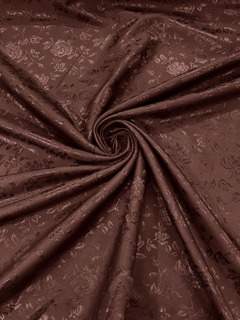 Brown - 60" Wide Polyester /Flowers Brocade Jacquard Satin Fabric/ SoldByTheYard.