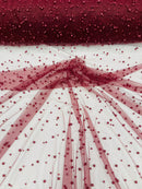 Heavy Scattered Pearls Studded Mesh, 2-Way Stretch, sold by the yard.