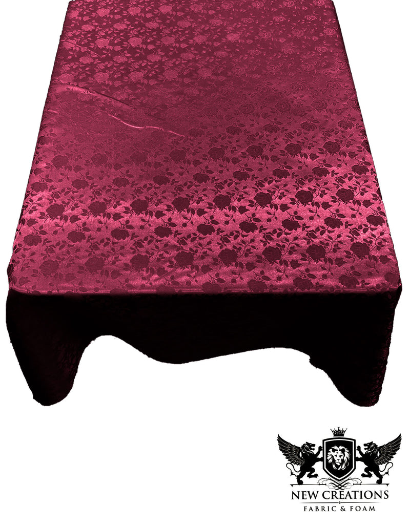 Burgundy Rectangular Tablecloth Roses Jacquard Satin Overlay for Small Coffee Table Seamless.