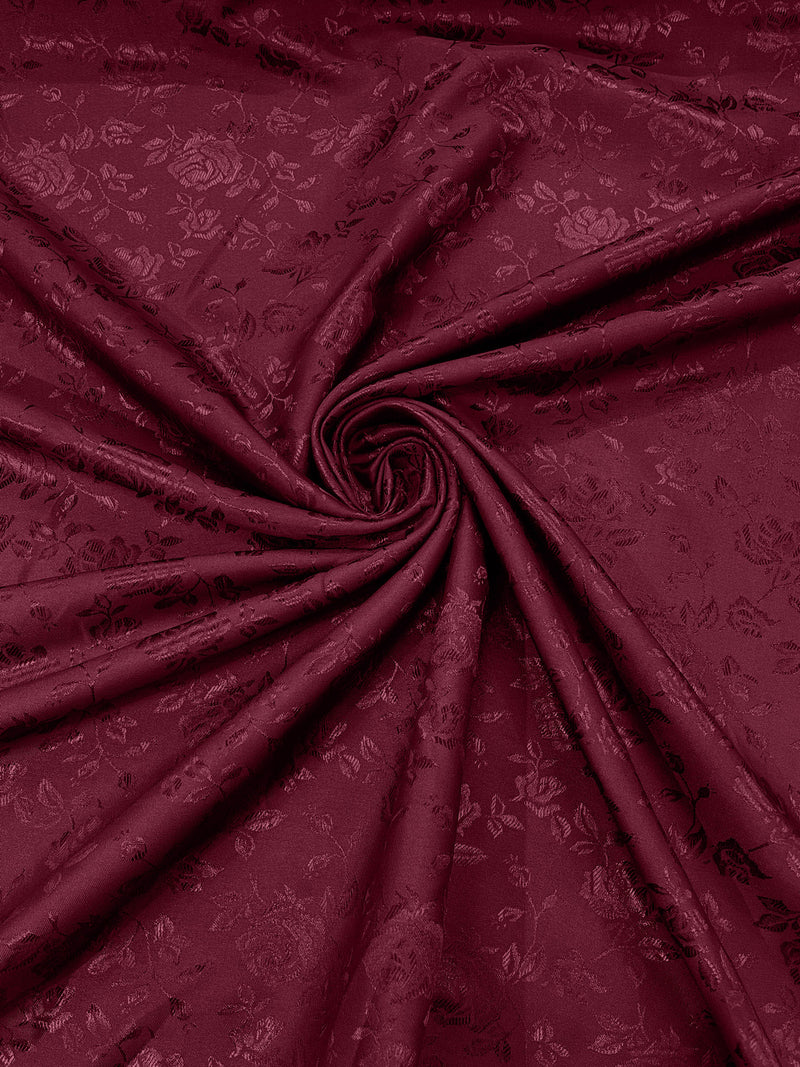 Burgundy - 60" Wide Polyester /Flowers Brocade Jacquard Satin Fabric/ SoldByTheYard.