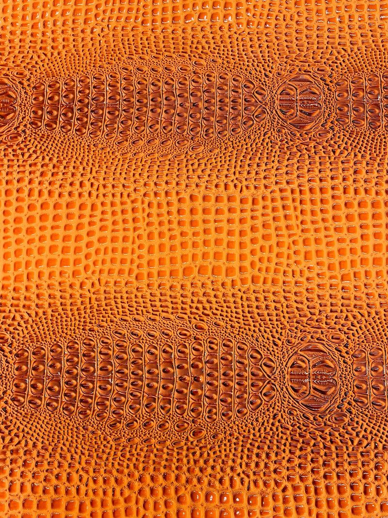 Burnt Orange Glossy Two Tone Gator Fake Leather Upholstery, 3-D Crocodile Skin Texture Faux Leather PVC Vinyl/54" Wides