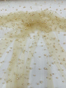 Heavy Scattered Pearls Studded Mesh, 2-Way Stretch, sold by the yard.