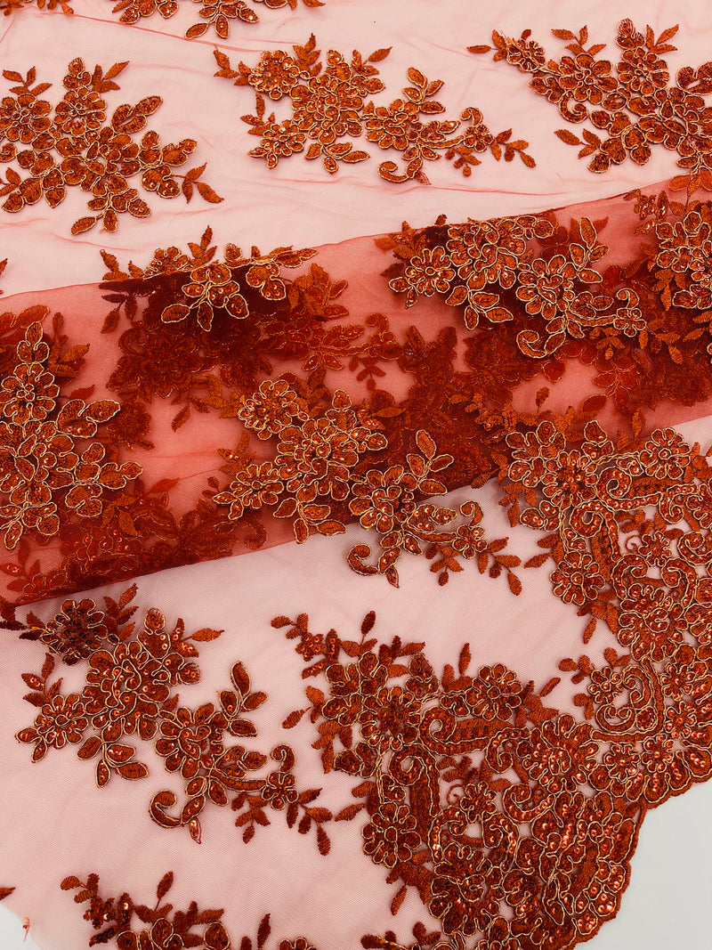 Rust Metallic corded embroider with sequins on a mesh lace fabric-prom-sold by the yard.