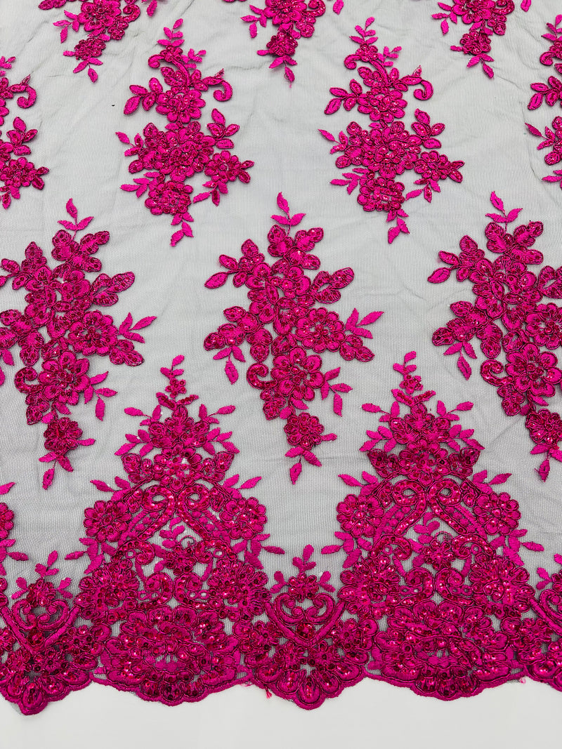 Fuchsia Metallic corded embroider with sequins on a Black mesh lace fabric-prom-sold by the yard.