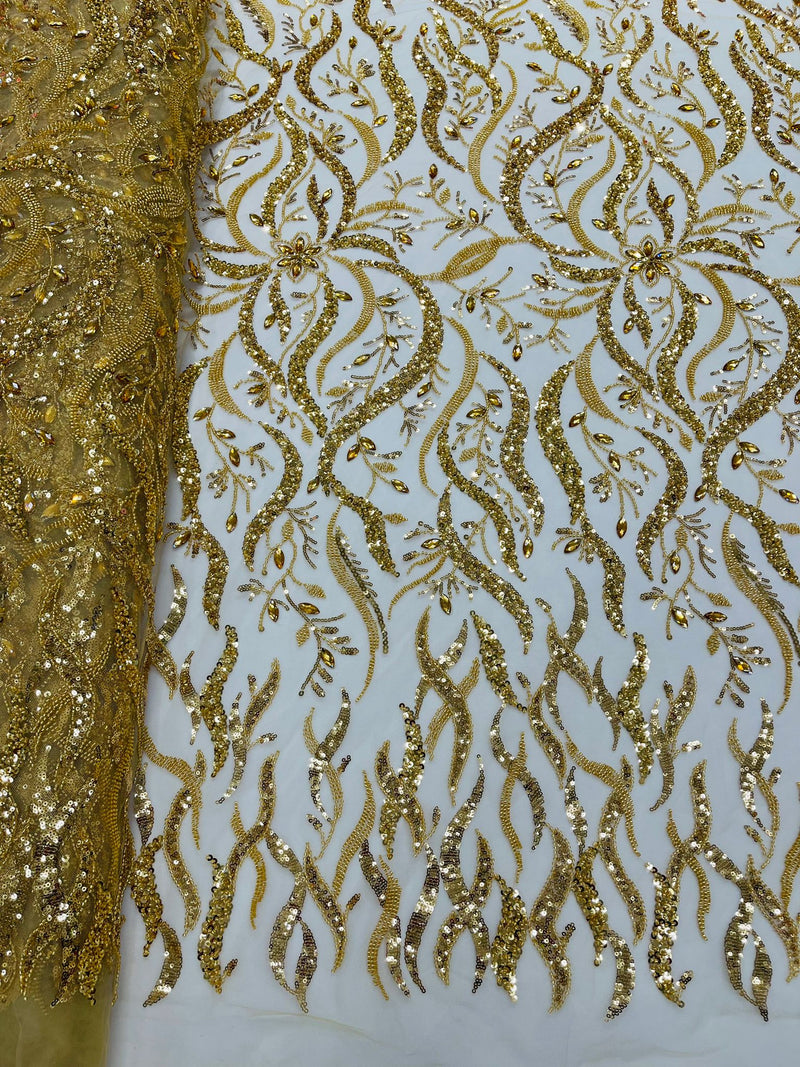 Gold Vine Design Embroider And Heavy Beading/Sequins On A Mesh Lace Fabric/Wedding Lace/Costplay.