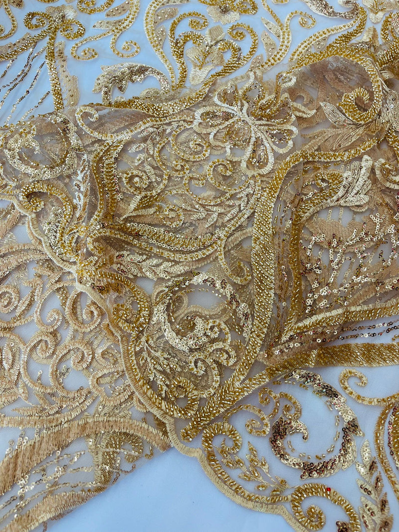 Gold Floral damask embroider and heavy beaded on a mesh lace fabric/wedding/Costplay