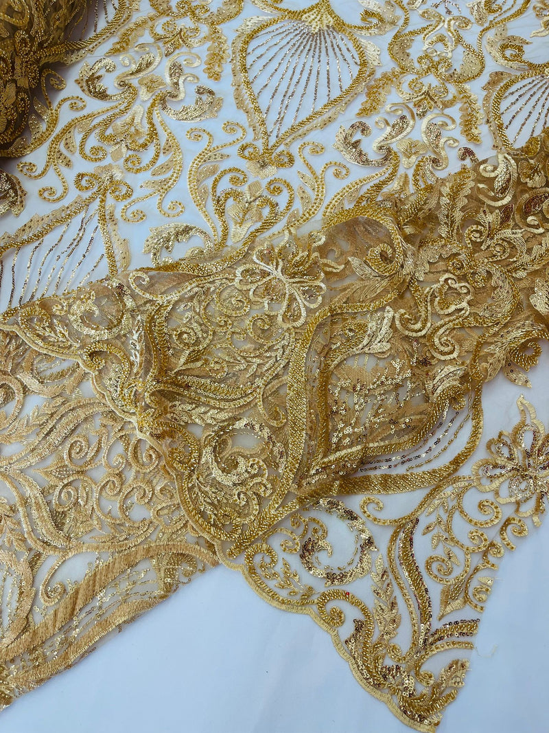 Gold Floral damask embroider and heavy beaded on a mesh lace fabric/wedding/Costplay