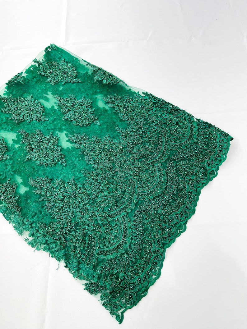 Hunter Green Erin Diamond Beaded Metallic Floral Embroider On a Mesh Lace Fabric-Sold By The Yard