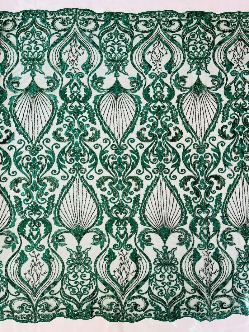 Hunter Green Floral damask embroider and heavy beaded on a mesh lace fabric/wedding/Costplay