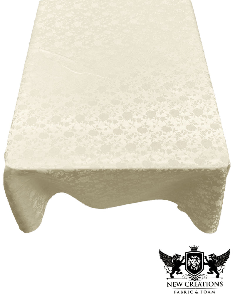 Ivory Rectangular Tablecloth Roses Jacquard Satin Overlay for Small Coffee Table Seamless.