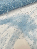 Heavy Scattered Pearls Studded Mesh, 2-Way Stretch, sold by the yard.