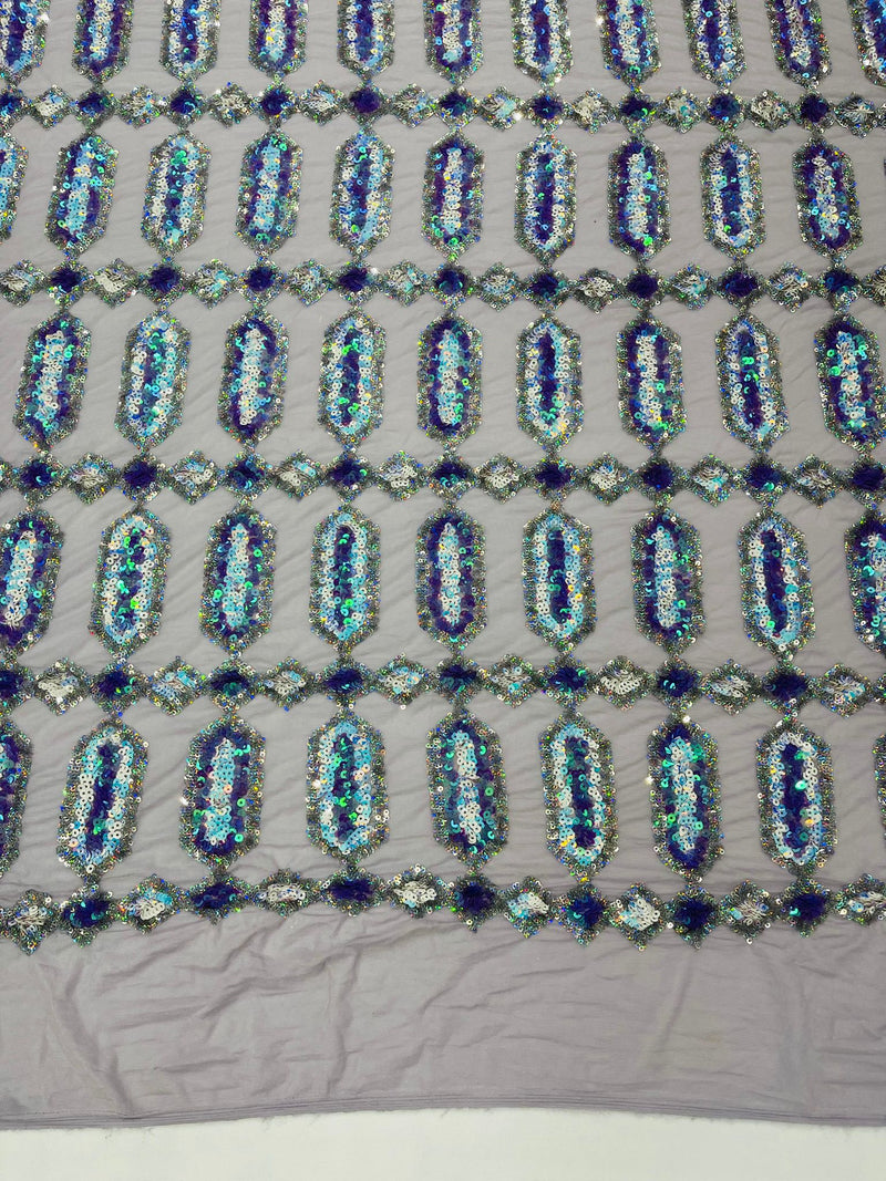 Lilac/Aqua multi color iridescent Jewel sequin design on a lilac 4 way stretch mesh fabric.