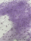 Heavy Scattered Pearls Studded Mesh, 2-Way Stretch, sold by the yard.