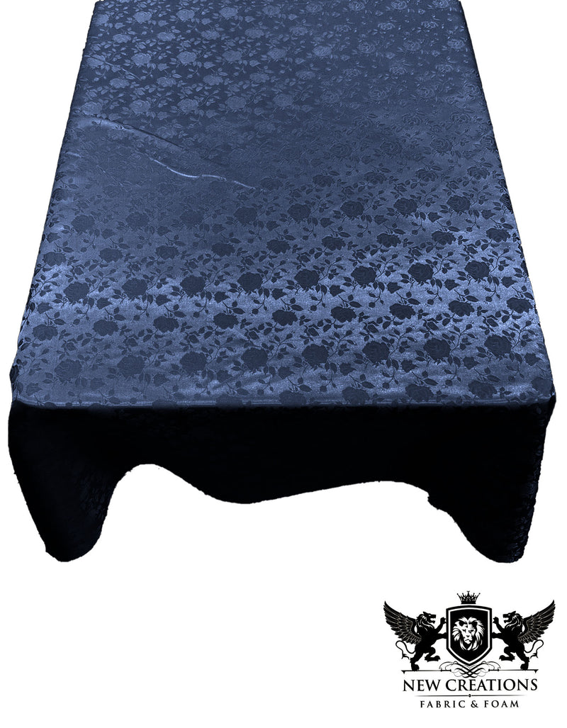 Navy Blue Rectangular Tablecloth Roses Jacquard Satin Overlay for Small Coffee Table Seamless.