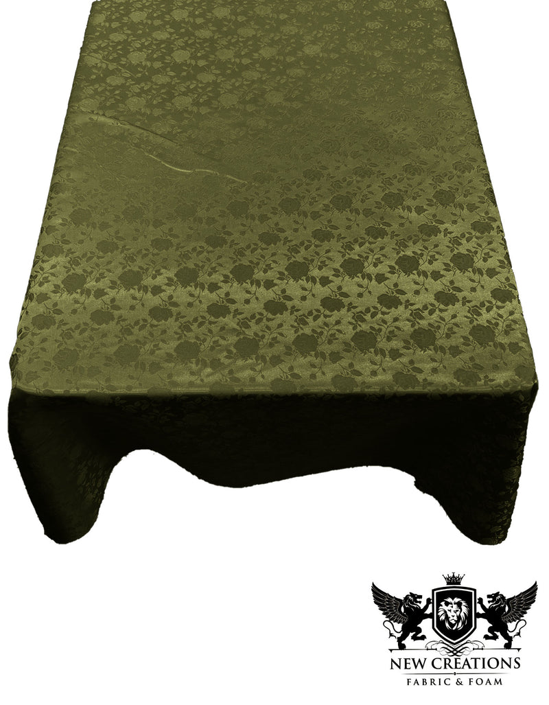 Olive Green Rectangular Tablecloth Roses Jacquard Satin Overlay for Small Coffee Table Seamless.
