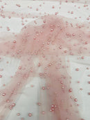 Heavy Scattered Pearls Studded Mesh, 2-Way Stretch, sold by the yard.