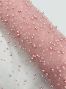 Heavy Scattered Pearls Studded Mesh, 2-Way Stretch, sold by the yard.