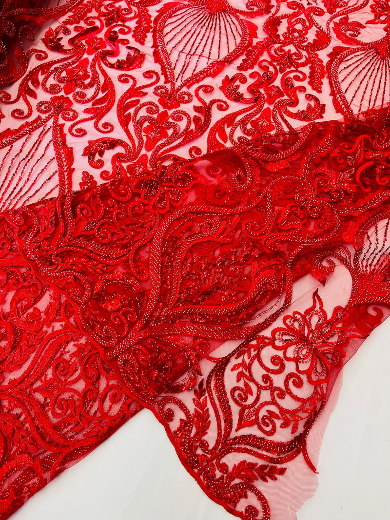 Red Floral damask embroider and heavy beaded on a mesh lace fabric/wedding/Costplay