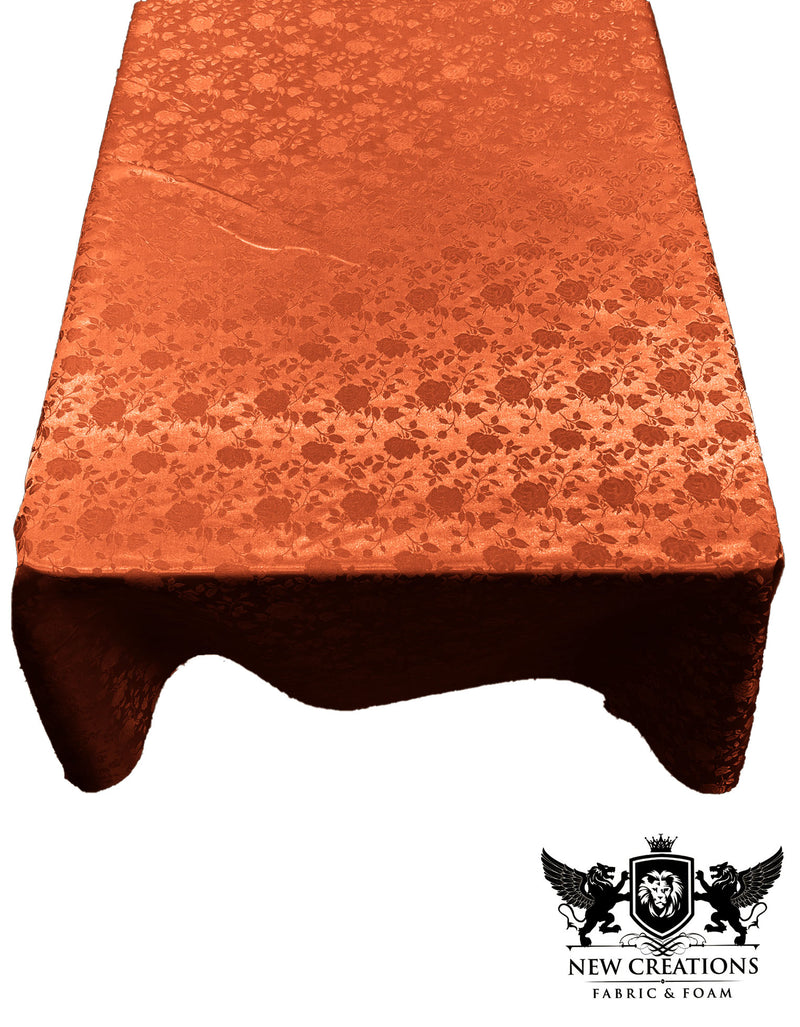 Rust Rectangular Tablecloth Roses Jacquard Satin Overlay for Small Coffee Table Seamless.