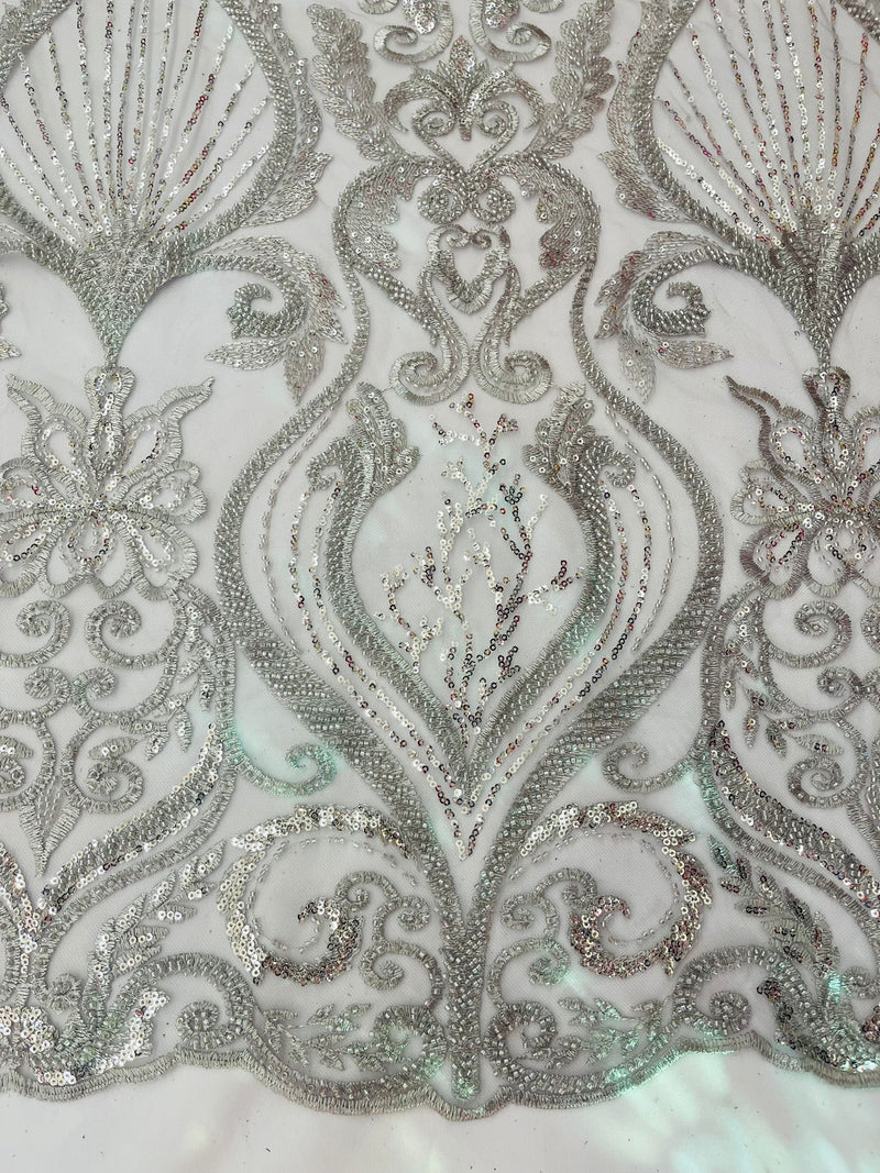 Silver Floral damask embroider and heavy beaded on a mesh lace fabric/wedding/Costplay