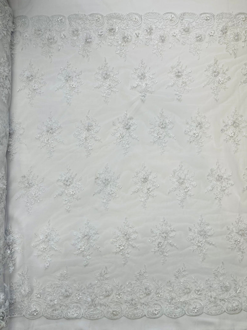 Daisy 3d floral Chiffon design embroider with pearls in a mesh lace-sold by the yard.