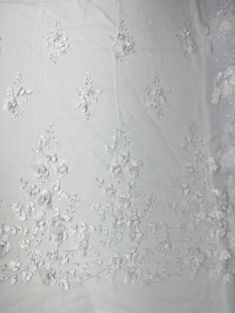 Orquidia 3d floral design embroider with pearls in a mesh lace fabric-dresses-sold by the yard.