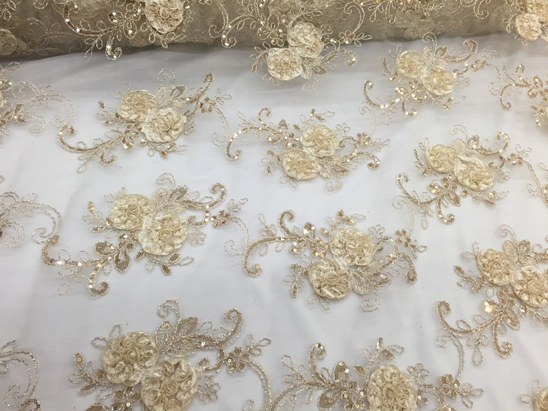 Champagne 3d flowers embroider with sequins on a mesh lace fabric. Sold by the yard.