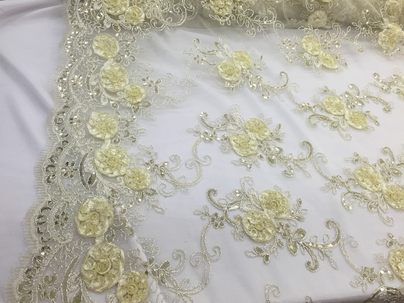 Ivory 3d flowers embroider with sequins on a mesh lace fabric. Sold by the yard.