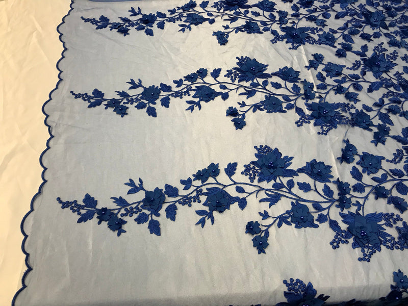 Royal blue 3d floral princess design embroider with pearls on a mesh lace-sold by the yard