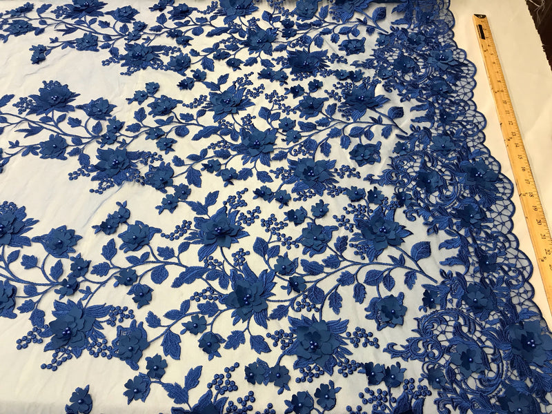 Royal blue 3d floral princess design embroider with pearls on a mesh lace-sold by the yard