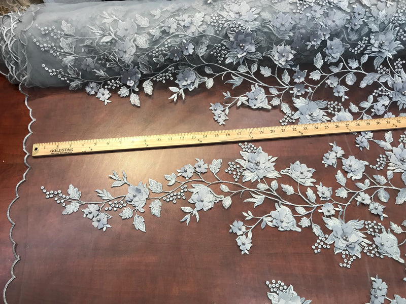 Gray princess 3d floral design embroider with pearls on a mesh lace-decorations-sold by the yard.