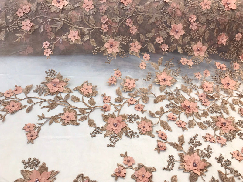 Rose gold princess 3D floral embroidery with pearls on a mesh lace-dresses-fashion-sold by the yard