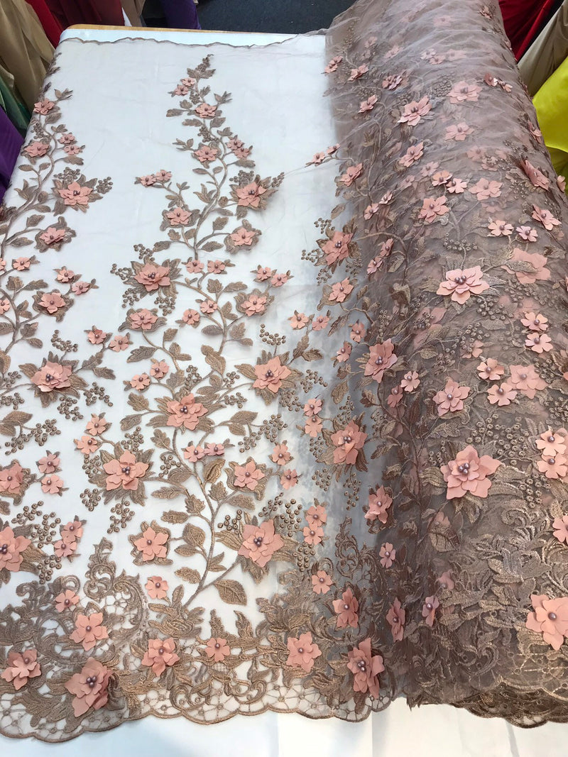 Rose gold princess 3D floral embroidery with pearls on a mesh lace-dresses-fashion-sold by the yard