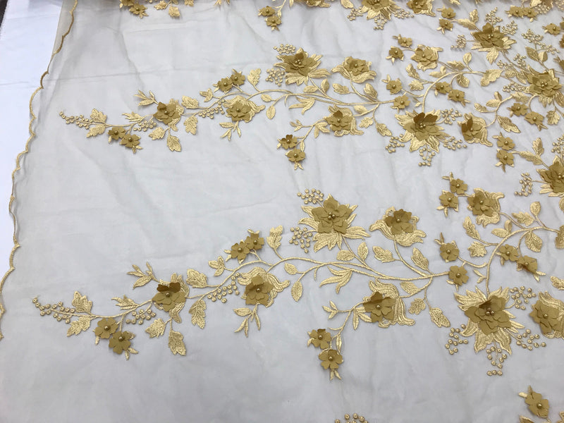 Gold 3d floral princess design embroider with pearls on a mesh lace-sold by the yard