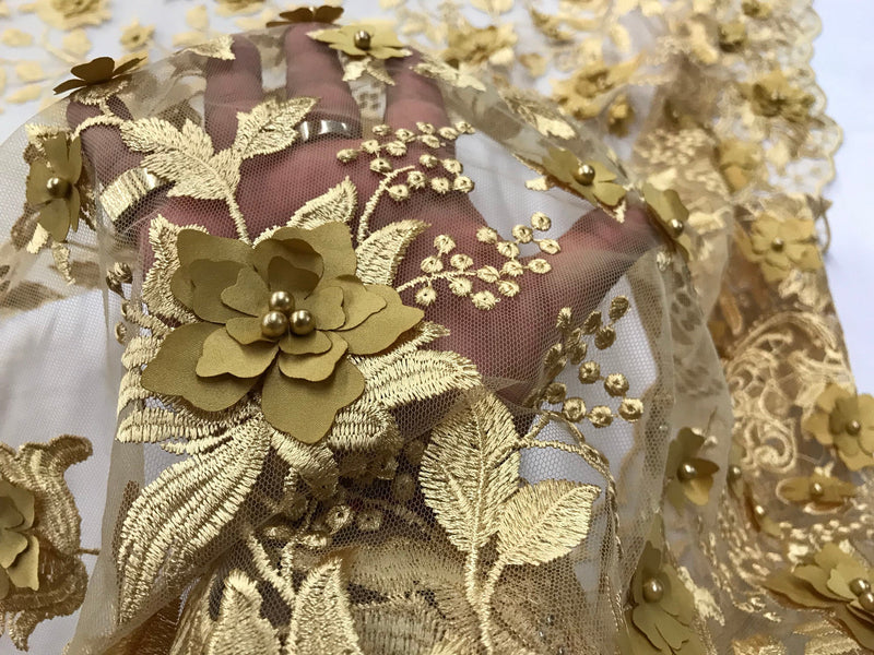 Gold 3d floral princess design embroider with pearls on a mesh lace-sold by the yard