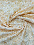 3D Rosette Embroidery Satin Rose Flowers Floral on a satin Fabric by the yard.