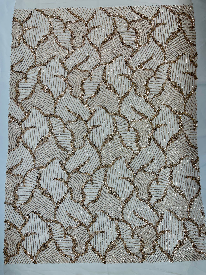 HEAVY BEADED LEAF DESIGN ON A MESH FABRIC (By The Yard)