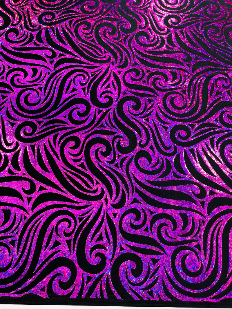 Holographic Foil Tribal Flame Design On A Stretch Velvet  Fabric. By The Yard