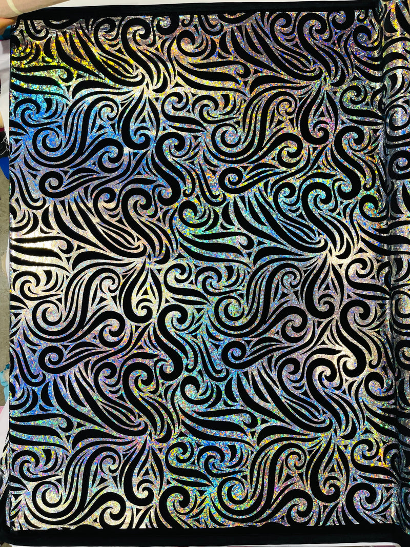 Holographic Foil Tribal Flame Design On A Stretch Velvet  Fabric. By The Yard