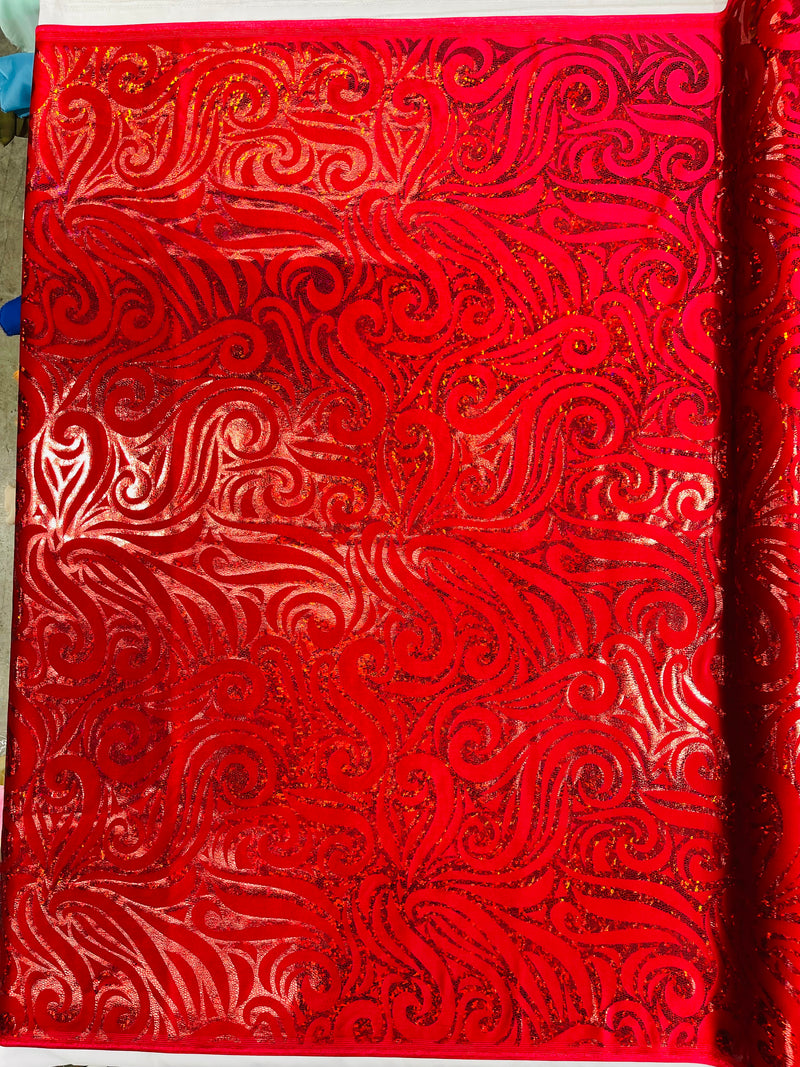 Holographic Foil Tribal Flame Design On A Stretch Velvet  Fabric. By The Yard